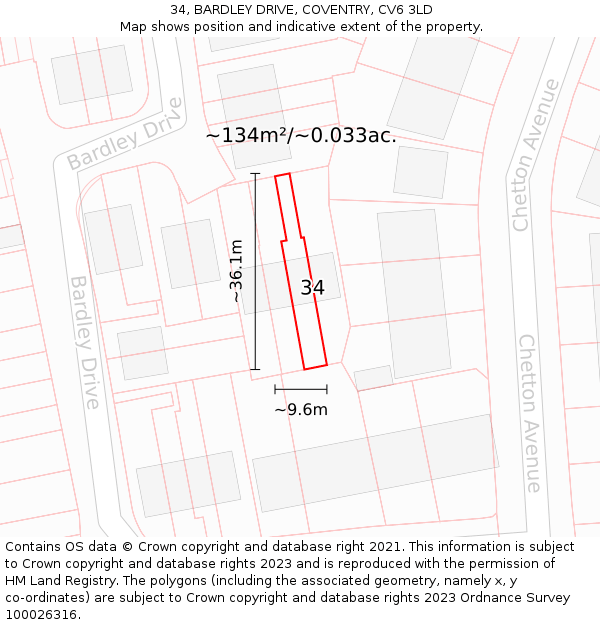 34, BARDLEY DRIVE, COVENTRY, CV6 3LD: Plot and title map