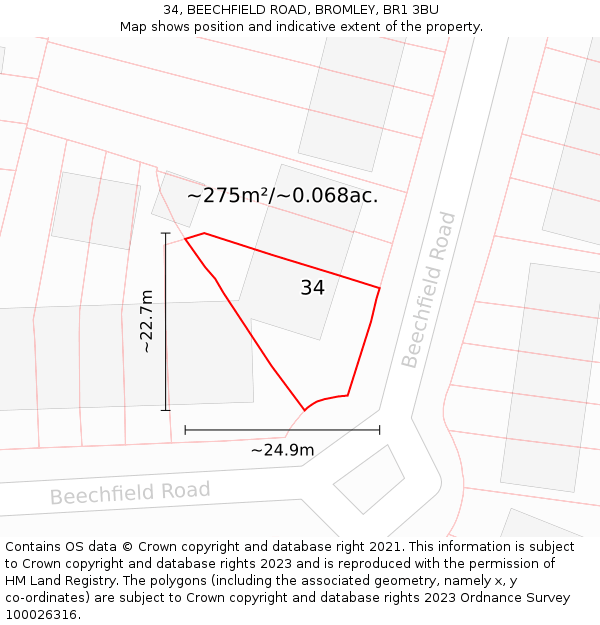 34, BEECHFIELD ROAD, BROMLEY, BR1 3BU: Plot and title map