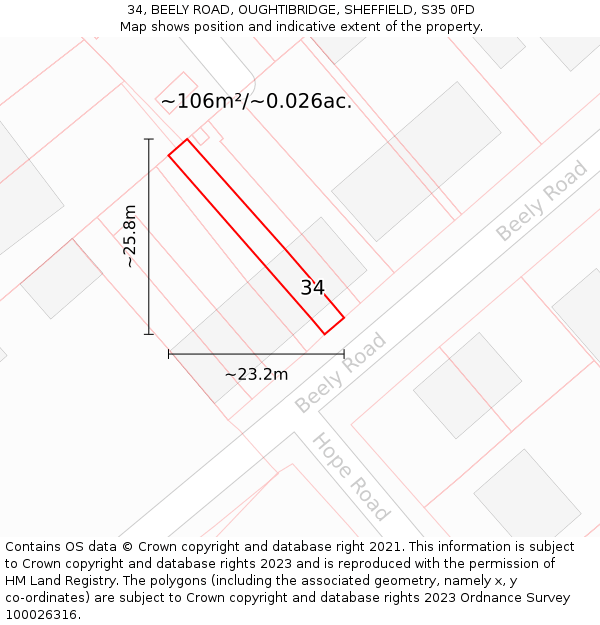 34, BEELY ROAD, OUGHTIBRIDGE, SHEFFIELD, S35 0FD: Plot and title map