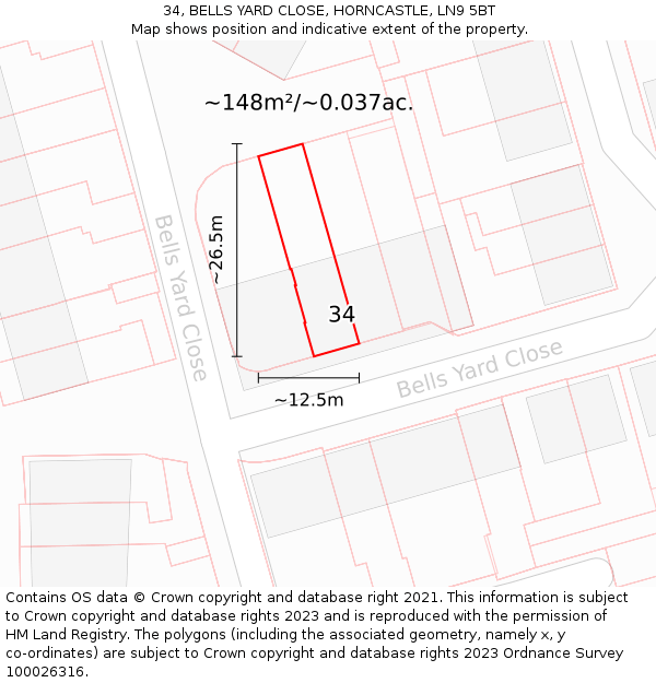 34, BELLS YARD CLOSE, HORNCASTLE, LN9 5BT: Plot and title map