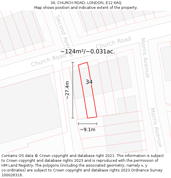 34, CHURCH ROAD, LONDON, E12 6AQ: Plot and title map
