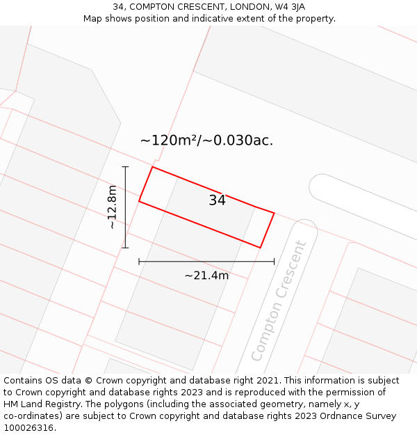 34, COMPTON CRESCENT, LONDON, W4 3JA: Plot and title map