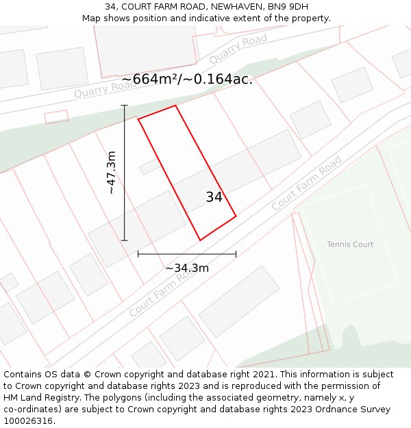 34, COURT FARM ROAD, NEWHAVEN, BN9 9DH: Plot and title map