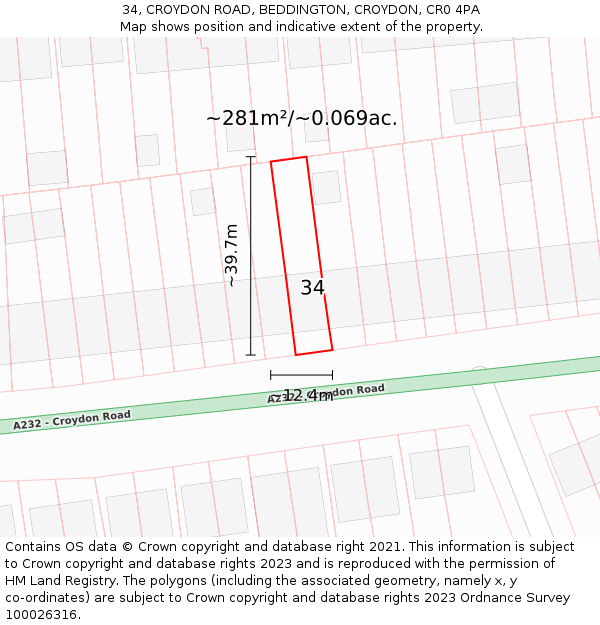 34, CROYDON ROAD, BEDDINGTON, CROYDON, CR0 4PA: Plot and title map