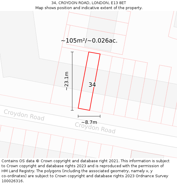 34, CROYDON ROAD, LONDON, E13 8ET: Plot and title map