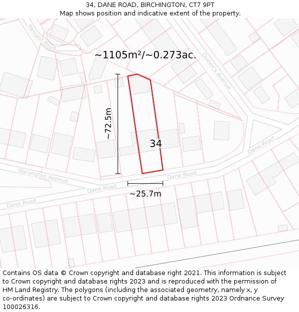 34, DANE ROAD, BIRCHINGTON, CT7 9PT: Plot and title map