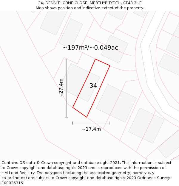 34, DENNITHORNE CLOSE, MERTHYR TYDFIL, CF48 3HE: Plot and title map