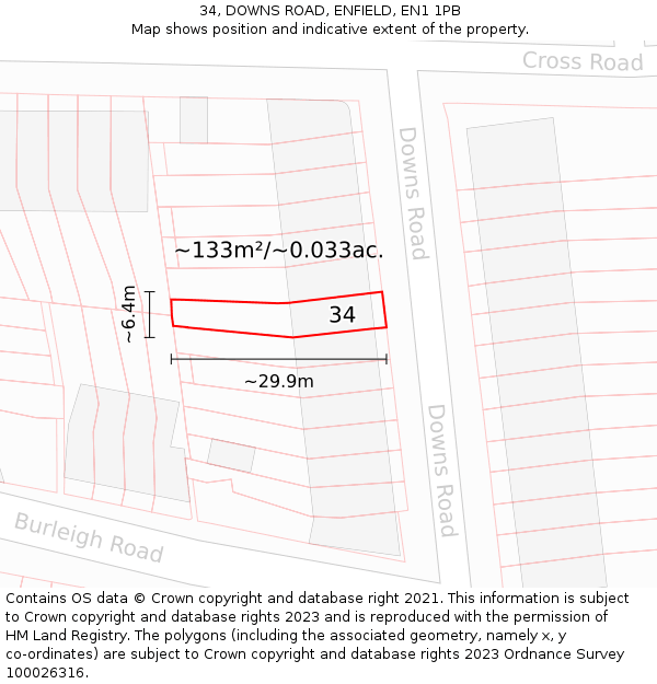 34, DOWNS ROAD, ENFIELD, EN1 1PB: Plot and title map