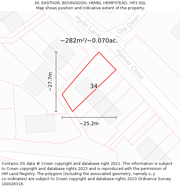 34, EASTNOR, BOVINGDON, HEMEL HEMPSTEAD, HP3 0QL: Plot and title map