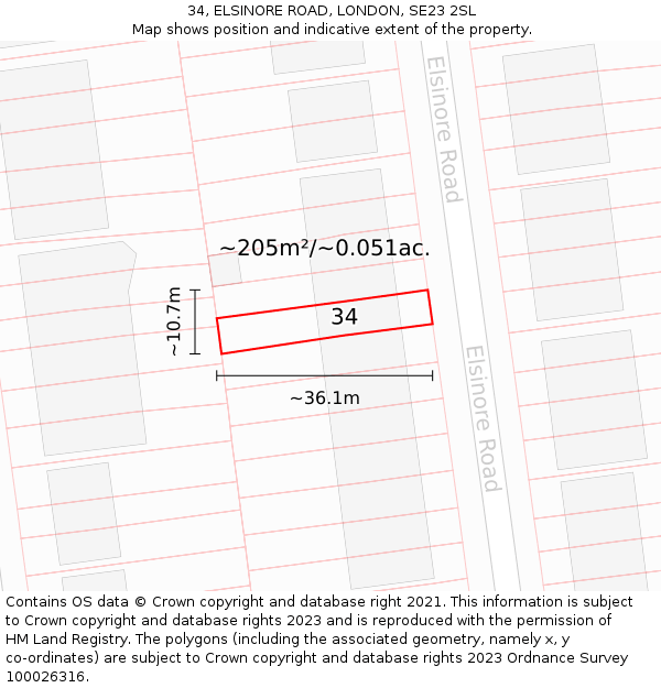 34, ELSINORE ROAD, LONDON, SE23 2SL: Plot and title map