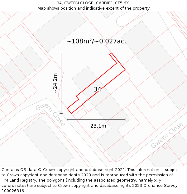 34, GWERN CLOSE, CARDIFF, CF5 6XL: Plot and title map