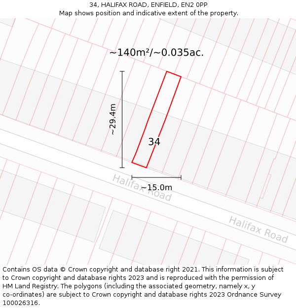 34, HALIFAX ROAD, ENFIELD, EN2 0PP: Plot and title map