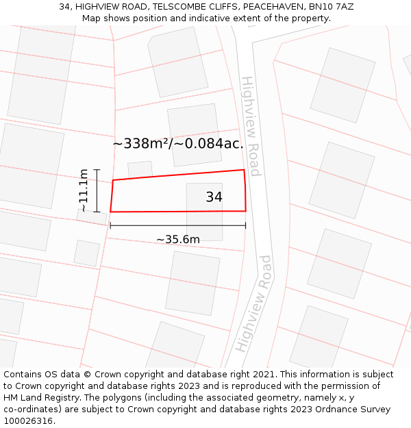 34, HIGHVIEW ROAD, TELSCOMBE CLIFFS, PEACEHAVEN, BN10 7AZ: Plot and title map