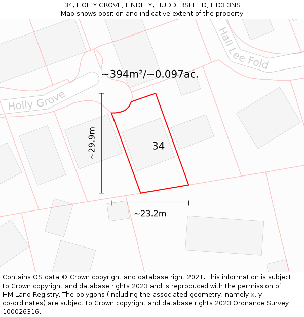 34, HOLLY GROVE, LINDLEY, HUDDERSFIELD, HD3 3NS: Plot and title map
