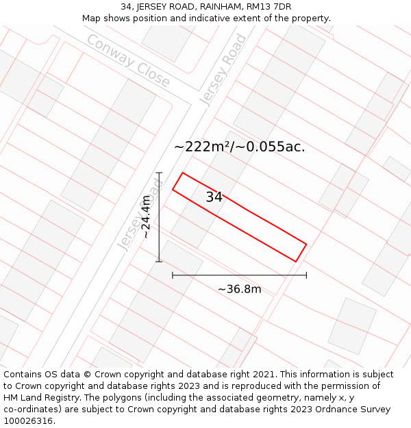 34, JERSEY ROAD, RAINHAM, RM13 7DR: Plot and title map