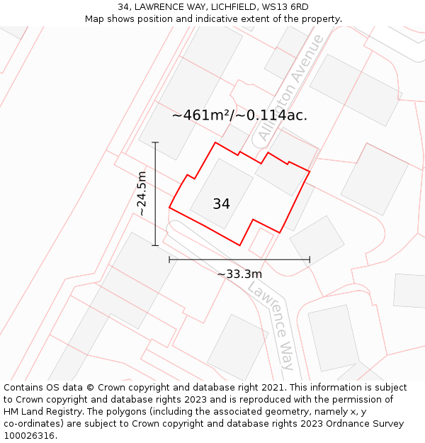 34, LAWRENCE WAY, LICHFIELD, WS13 6RD: Plot and title map