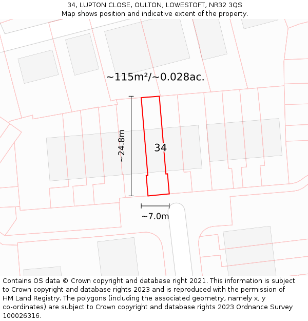 34, LUPTON CLOSE, OULTON, LOWESTOFT, NR32 3QS: Plot and title map