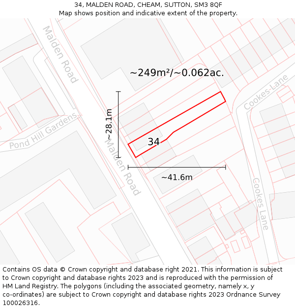 34, MALDEN ROAD, CHEAM, SUTTON, SM3 8QF: Plot and title map