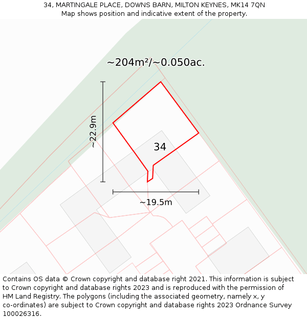34, MARTINGALE PLACE, DOWNS BARN, MILTON KEYNES, MK14 7QN: Plot and title map