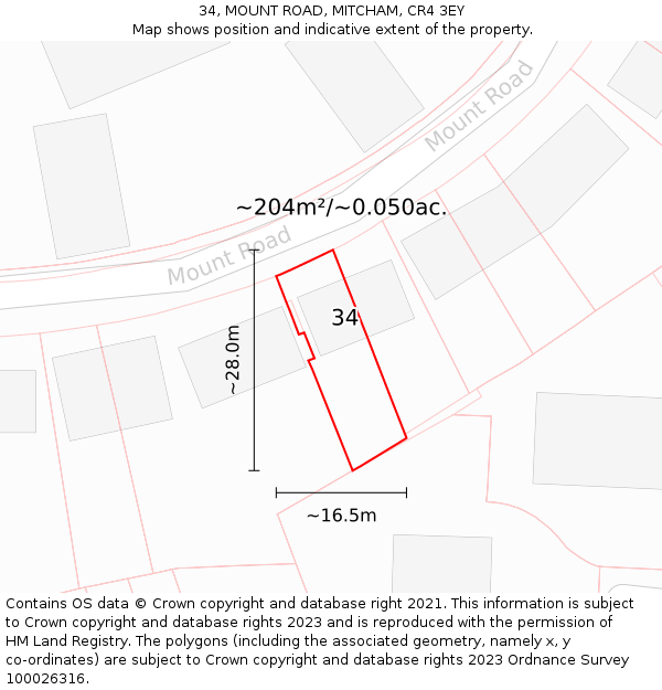 34, MOUNT ROAD, MITCHAM, CR4 3EY: Plot and title map