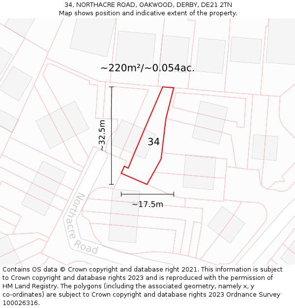 34, NORTHACRE ROAD, OAKWOOD, DERBY, DE21 2TN: Plot and title map