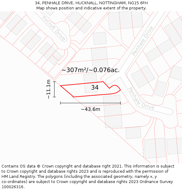 34, PENHALE DRIVE, HUCKNALL, NOTTINGHAM, NG15 6FH: Plot and title map