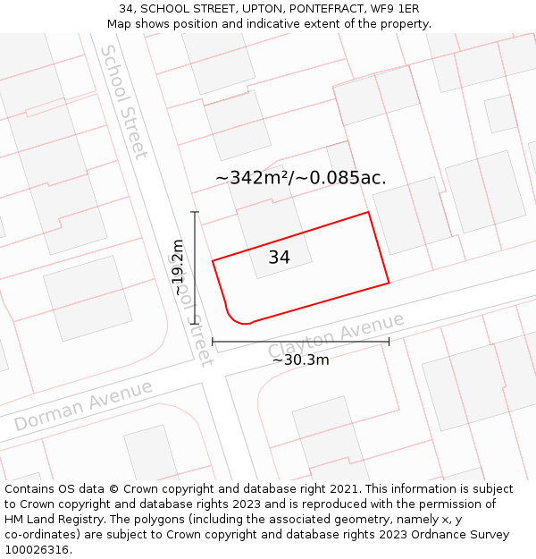 34, SCHOOL STREET, UPTON, PONTEFRACT, WF9 1ER: Plot and title map