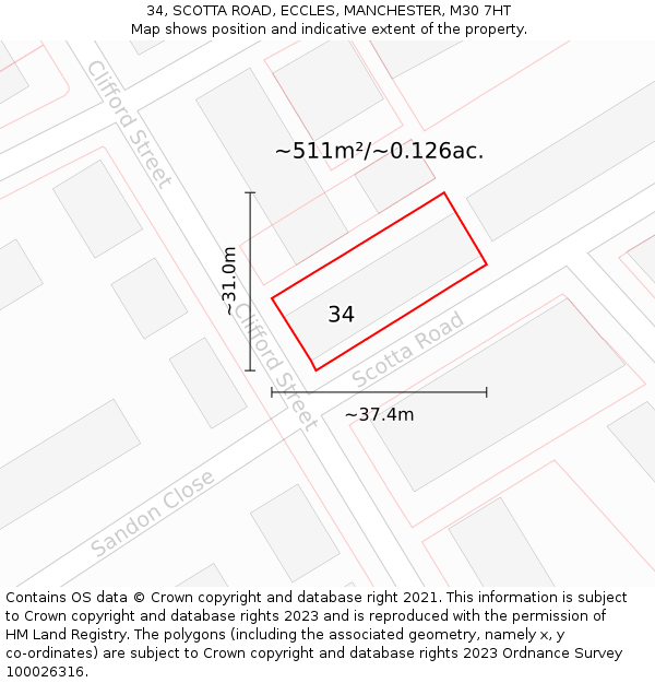 34, SCOTTA ROAD, ECCLES, MANCHESTER, M30 7HT: Plot and title map