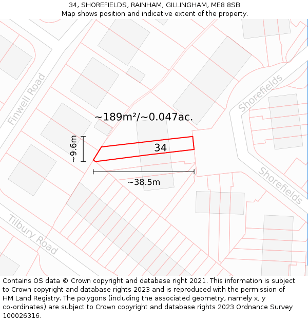 34, SHOREFIELDS, RAINHAM, GILLINGHAM, ME8 8SB: Plot and title map
