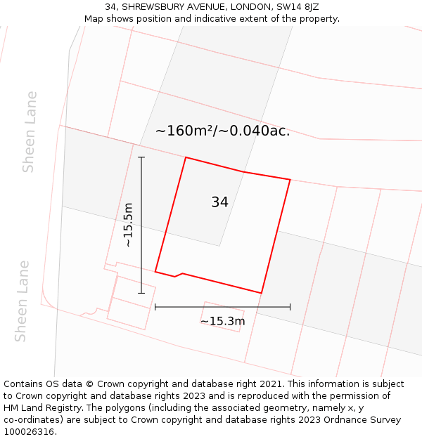 34, SHREWSBURY AVENUE, LONDON, SW14 8JZ: Plot and title map