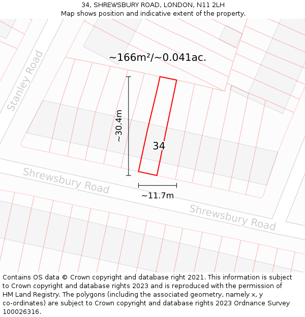 34, SHREWSBURY ROAD, LONDON, N11 2LH: Plot and title map