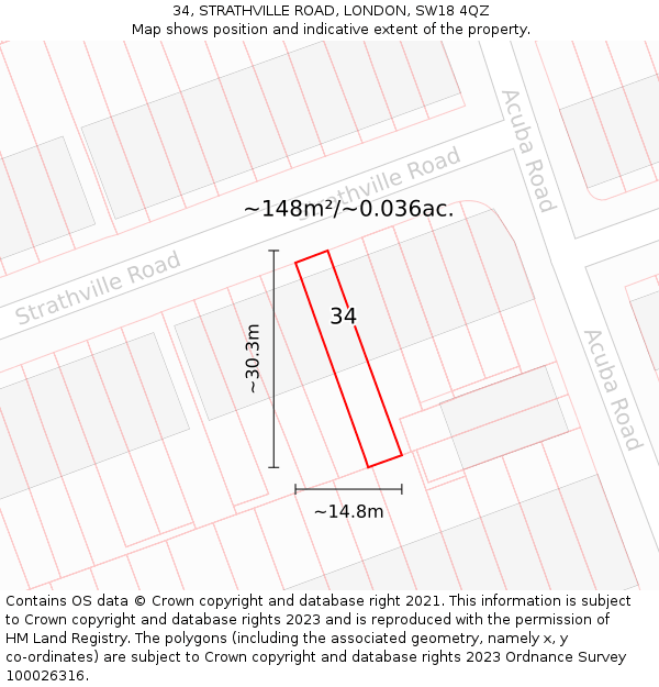 34, STRATHVILLE ROAD, LONDON, SW18 4QZ: Plot and title map
