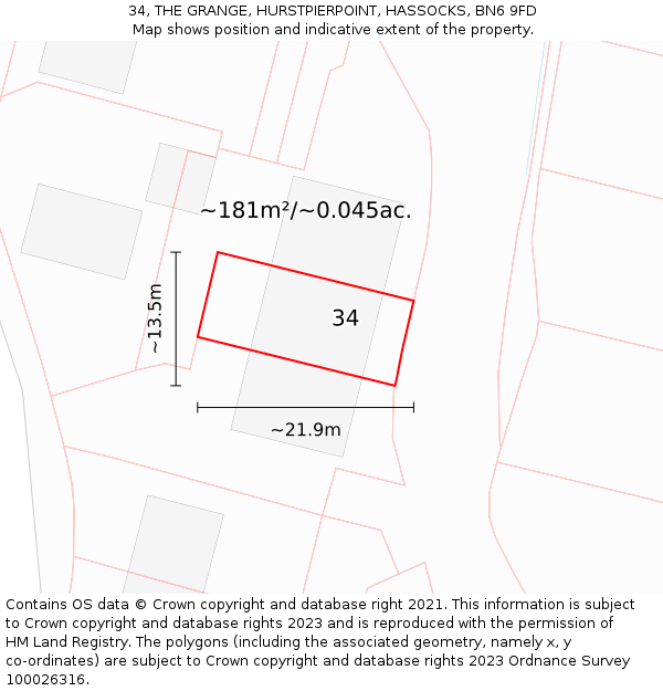 34, THE GRANGE, HURSTPIERPOINT, HASSOCKS, BN6 9FD: Plot and title map