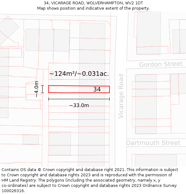 34, VICARAGE ROAD, WOLVERHAMPTON, WV2 1DT: Plot and title map
