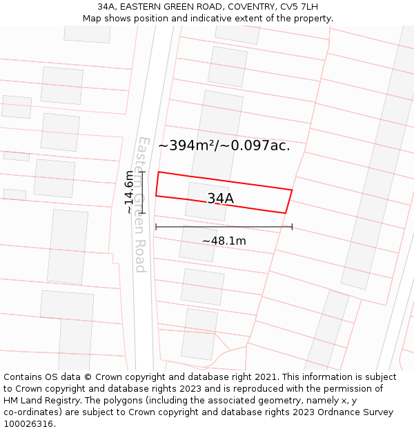 34A, EASTERN GREEN ROAD, COVENTRY, CV5 7LH: Plot and title map