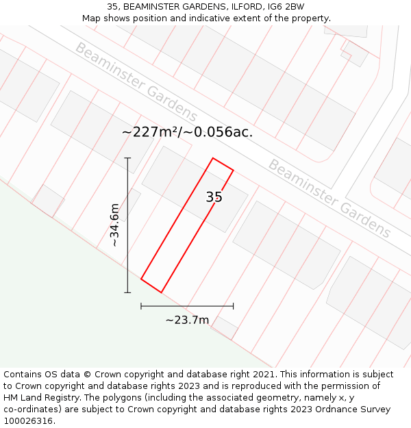 35, BEAMINSTER GARDENS, ILFORD, IG6 2BW: Plot and title map