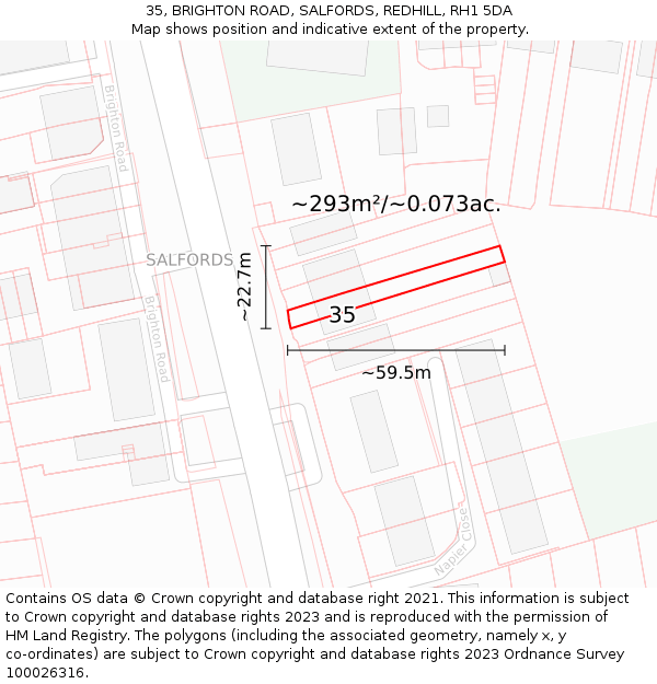 35, BRIGHTON ROAD, SALFORDS, REDHILL, RH1 5DA: Plot and title map