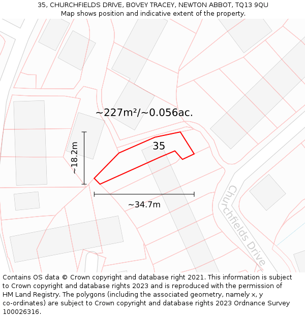35, CHURCHFIELDS DRIVE, BOVEY TRACEY, NEWTON ABBOT, TQ13 9QU: Plot and title map