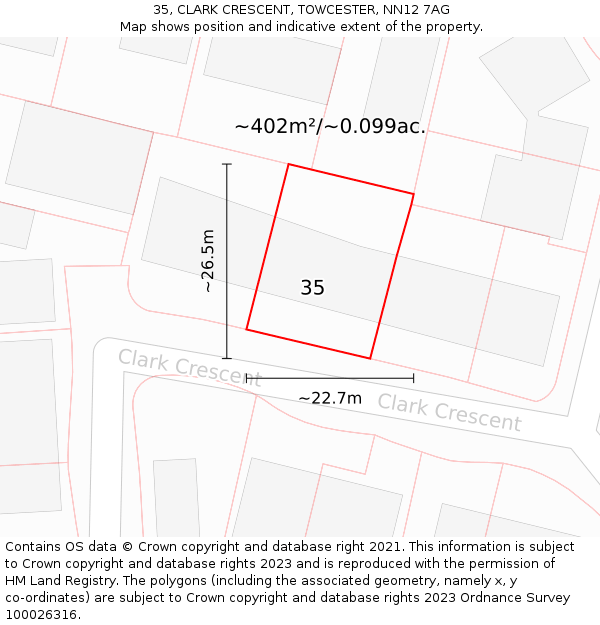 35, CLARK CRESCENT, TOWCESTER, NN12 7AG: Plot and title map