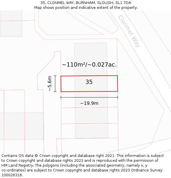 35, CLONMEL WAY, BURNHAM, SLOUGH, SL1 7DA: Plot and title map