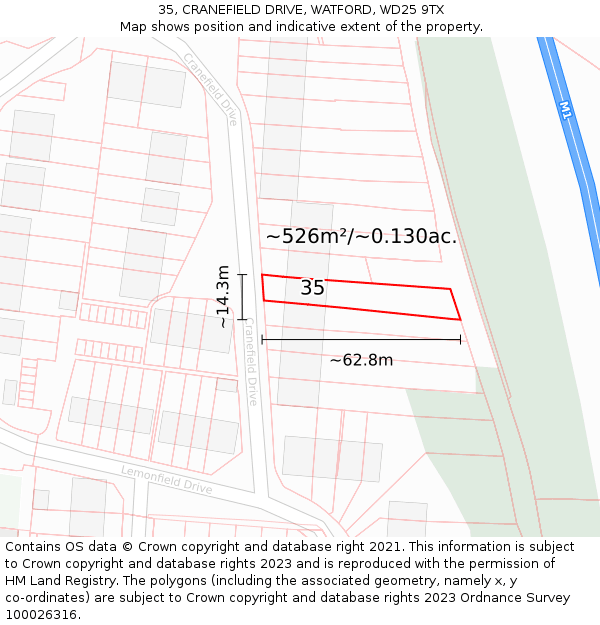 35, CRANEFIELD DRIVE, WATFORD, WD25 9TX: Plot and title map