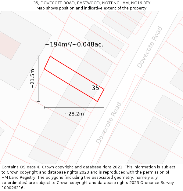 35, DOVECOTE ROAD, EASTWOOD, NOTTINGHAM, NG16 3EY: Plot and title map