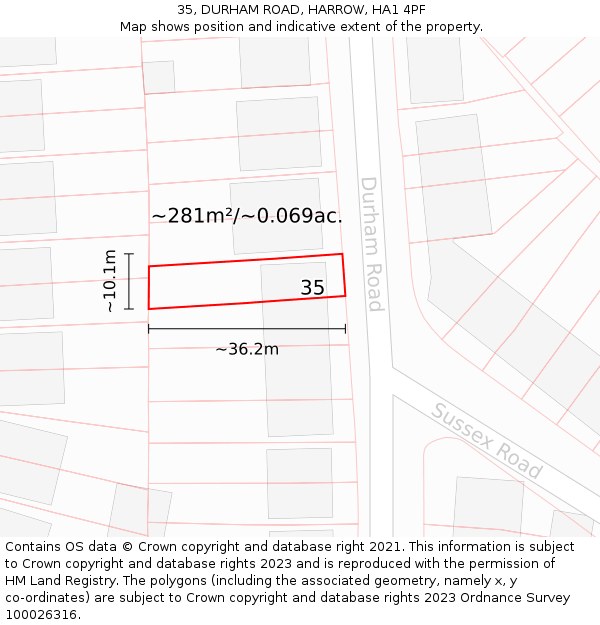 35, DURHAM ROAD, HARROW, HA1 4PF: Plot and title map