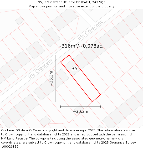 35, IRIS CRESCENT, BEXLEYHEATH, DA7 5QB: Plot and title map