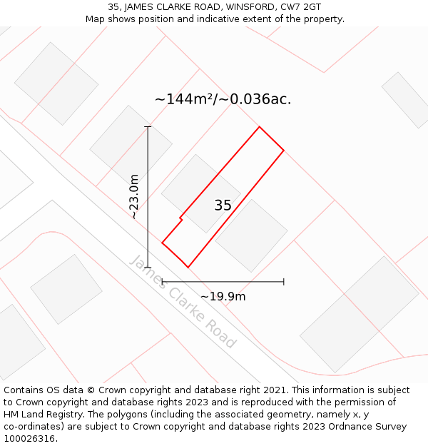 35, JAMES CLARKE ROAD, WINSFORD, CW7 2GT: Plot and title map