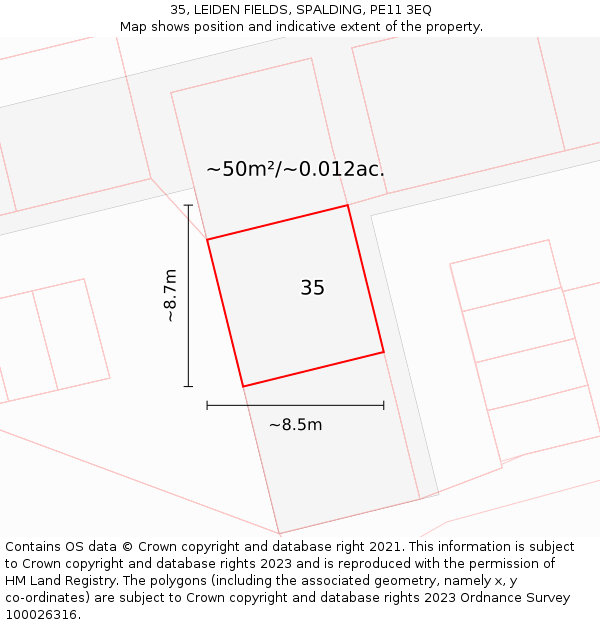 35, LEIDEN FIELDS, SPALDING, PE11 3EQ: Plot and title map