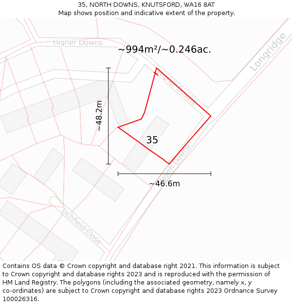 35, NORTH DOWNS, KNUTSFORD, WA16 8AT: Plot and title map