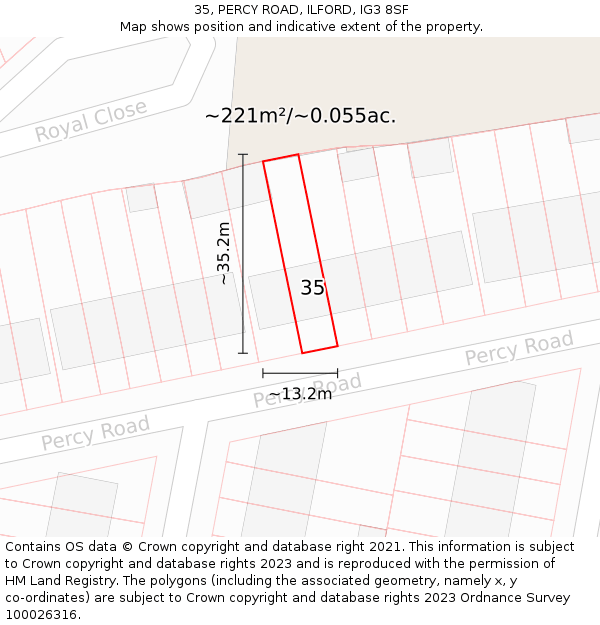 35, PERCY ROAD, ILFORD, IG3 8SF: Plot and title map