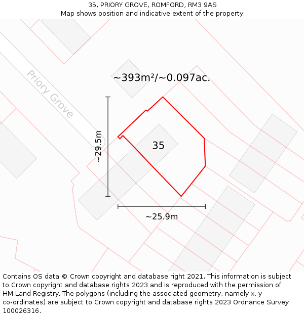 35, PRIORY GROVE, ROMFORD, RM3 9AS: Plot and title map