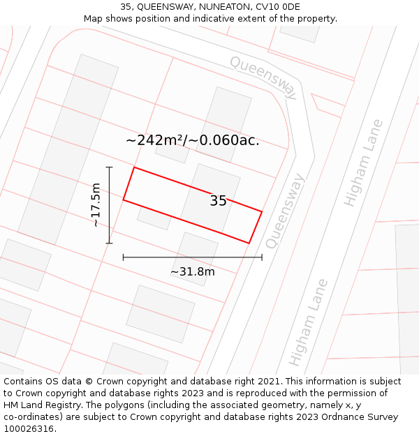 35, QUEENSWAY, NUNEATON, CV10 0DE: Plot and title map